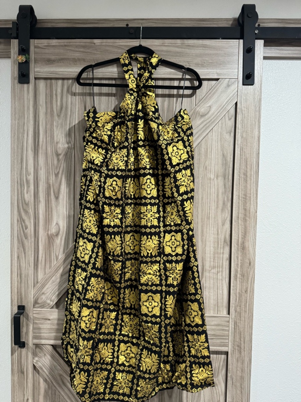Lex Breezy -Black & Gold Quilt Print Halter Dress
